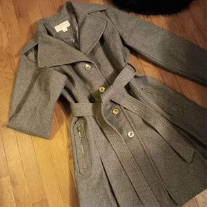 Michael Kors Coat Jacket Wool Blend Size 10 Gray Belted Gold 3/4 Length Medium